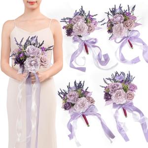 TINGE TIME 7 Inch Artificial Flowers Wedding Bouquets for Bridesmaid, Set of 4, Lavender Bride Tossing Bouquet for Rustic Wedding Ceremony Bridal Shower Rehearsal Dinner Vintage Party