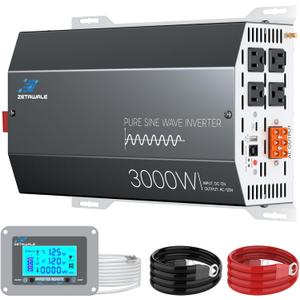 3000 Watt Pure Sine Wave Inverter 12v DC to 110v 120v AC Converter,6000W Peak Power Inverter with 4 AC Outlets,USB Port,Type-C,Remote Control LCD Display for Truck, RV, Vehicles, Solar Off-Grid