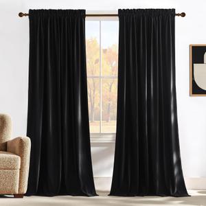 NICETOWN Black 92 inch Long Velvet Curtains for Living Room - Blackout Vision Light Blocking Window Treatments for Baseroom, Rod Pocket Design, W52 x L92, 2 Panels