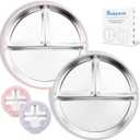 Bakpoco Stainless Steel Baby Plate with Suction, 9 Divided Toddler Plates with Removable Silicone Sleeves for Kids, Non-Toxic Non-Slip Unbreakable Dishwasher Safe Dinnerware Set of 2, Pink & Lilac