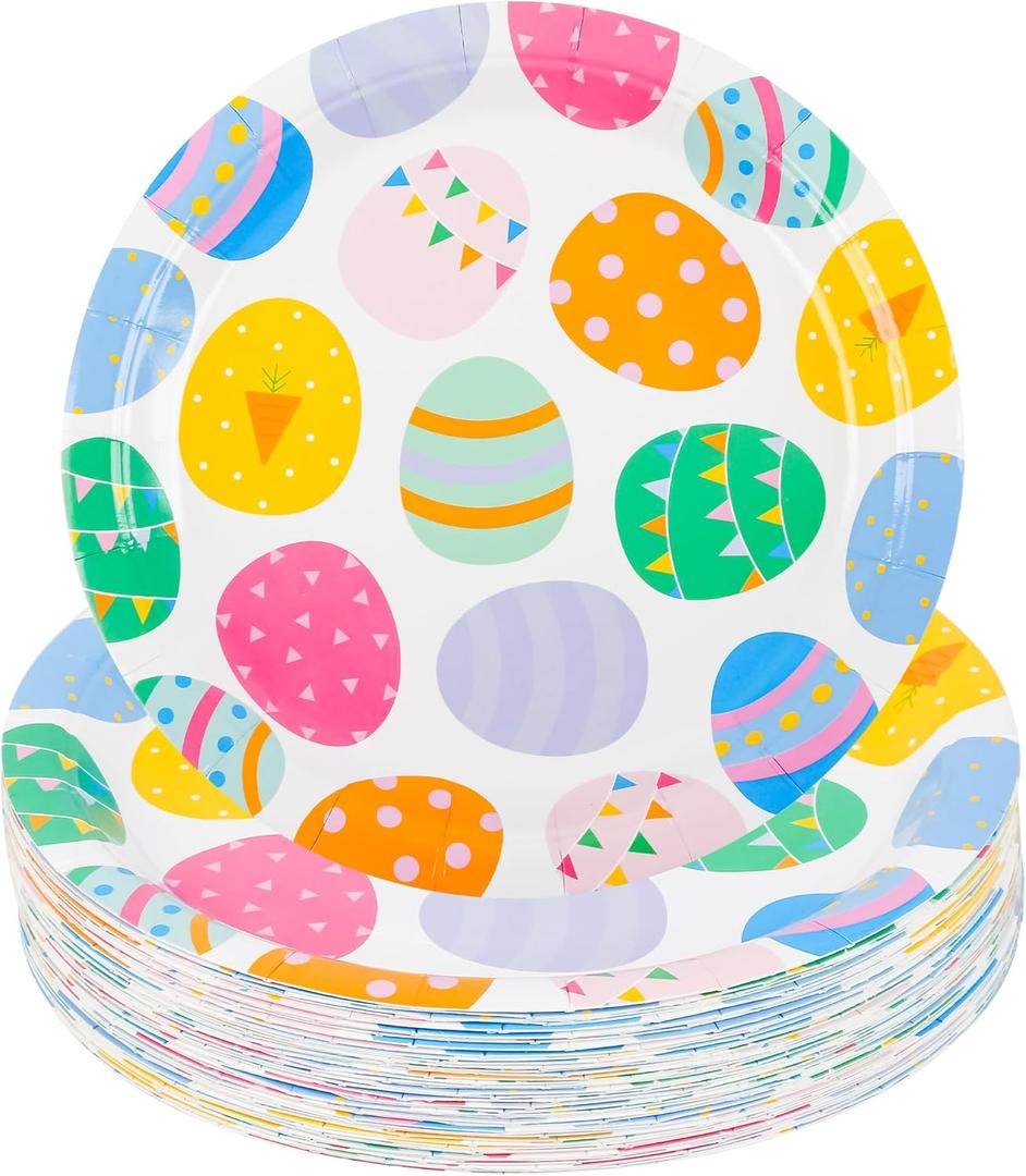 AimFun Easter Party Plates Colorful Eggs Disposable Paper Plates 7" Spring Multi-colored Dessert Plates for Spring Celebrations Party Supplies Table Decorations (48)