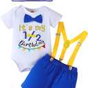 Baby Boy 1/2 First Birthday Outfit Half Way to One Birtday Cake Smash 4pcs pants Set Suspenders Romper Photo Shoot (3-6 Months)