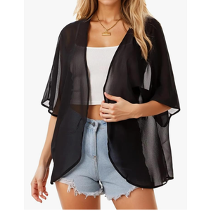 Women's Floral Print Puff Sleeve Kimono Cardigan Loose Cover Up Casual Blouse Tops,L