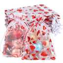 Shintop 50PCS Valentine Organza Candy Bags, 4x6in Sheer Drawstring Gift Pouches with Heart-Printed Treat Favor Bags for Wedding, Mother’s Day, Small Business Packaging