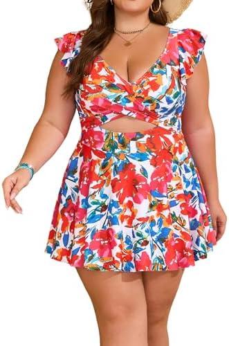 B2prity Women's Plus Size Swimsuit Tummy Control One Piece Swimdress Ruffle V Neck Cutout Wrap Bathing Suit with Skirt 18 W B2prity Women's Plus Size Swimsuit Tummy Control One Piece Swimdress Ruffle V Neck Cutout Wrap Bathing Suit with Skirt 18 W