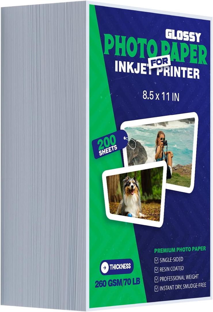 Inkjet Photo Paper 8.5x11 Inches, Glossy 200 Sheets 70 lb/260 gsm Premium Heavyweight Photographic Paper for Inkjet Printer Instant Dry Professional Postcard Picture Use Dye Ink