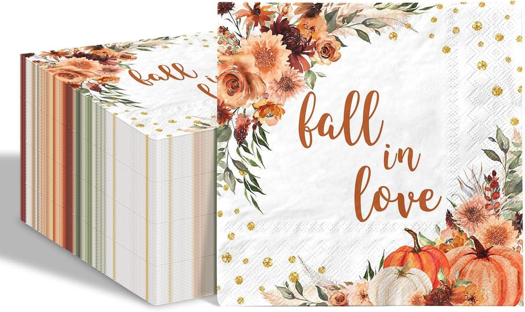 80 Pcs Fall in Love Bridal Shower Paper Napkins Boho Floral Wedding Party Disposable Napkins Pumpkin Bride Shower Napkins for Autumn Party Supplies Table Decor