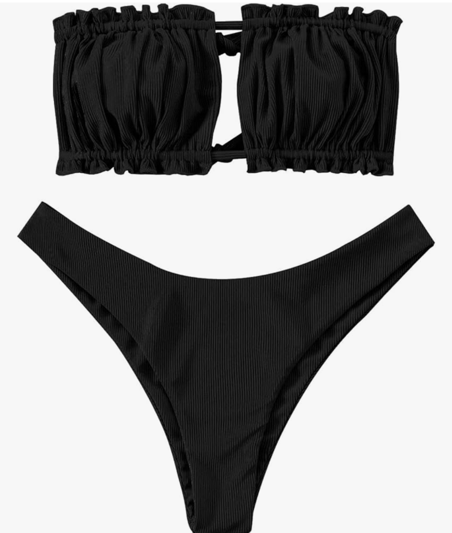 ZAFUL Women 2 Piece Strapless Bikini Swimsuits Ruffle Ribbed Self Tie Bandeau Bikini Set High Cut String Bathing Suits ,Size S