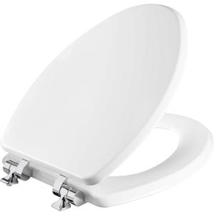 Mayfair Bennett Toilet Seat with Chrome Hinges, Slow Close Wood Seat, Secure Metal Hinges, Easy Install, Made in USA, Elongated, White