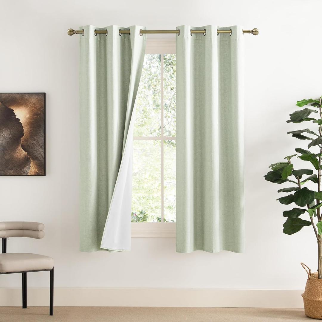 NICETOWN Sage Green 100% Blackout Linen Texture Curtains 70 inches Long 2 Panels for Boy's Room, Thermal Insulated Full Blackout 2-Layer Lined Drapes, Energy Efficiency Window Draperies