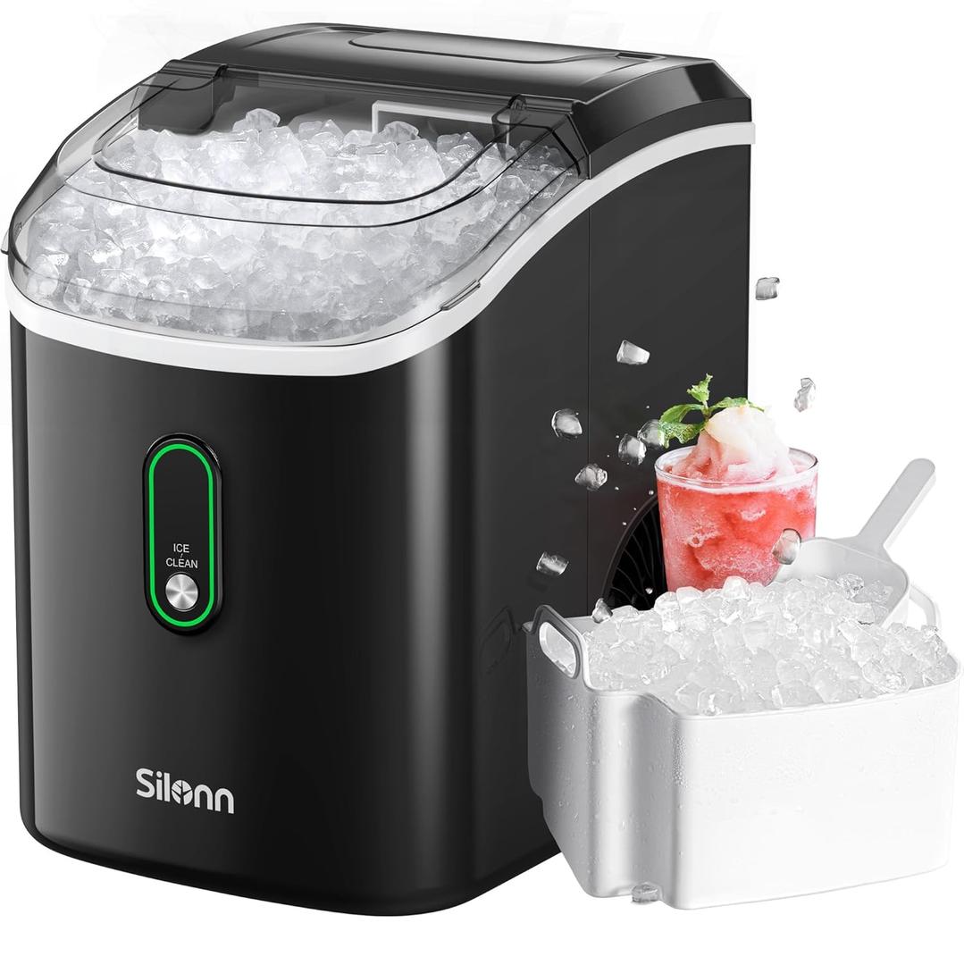 Silonn Nugget Ice Maker Countertop, Portable Pellet Ice Machine with Self-Cleaning Function, Sonic Ice Maker Produces 33lbs of Chewable Ice in 24 Hours, Ideal for Home Kitchen and Office, Black (Black-PRO)