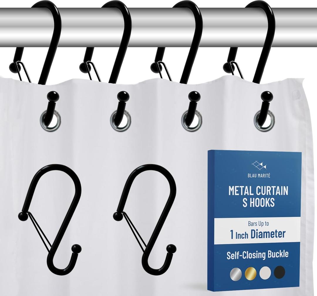 Set of 12 Black Metal S Hook Shower Hooks 1  Closed, Heavy Duty, Long Decorative Shower Curtain Hooks, Easy Glide, Buckle, Large Rust Resistant Rings for Bathroom Rods (Black, S)