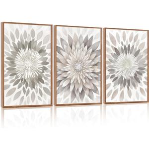 CHDITB Modern Floral Burst Framed Canvas Wall Art Set, Nature Flower Petal Wall Decor, Neutral Beige and Gray Botanical Painting, Contemporary Art Prints for Living Room Bedroom Office-16 x24 x3