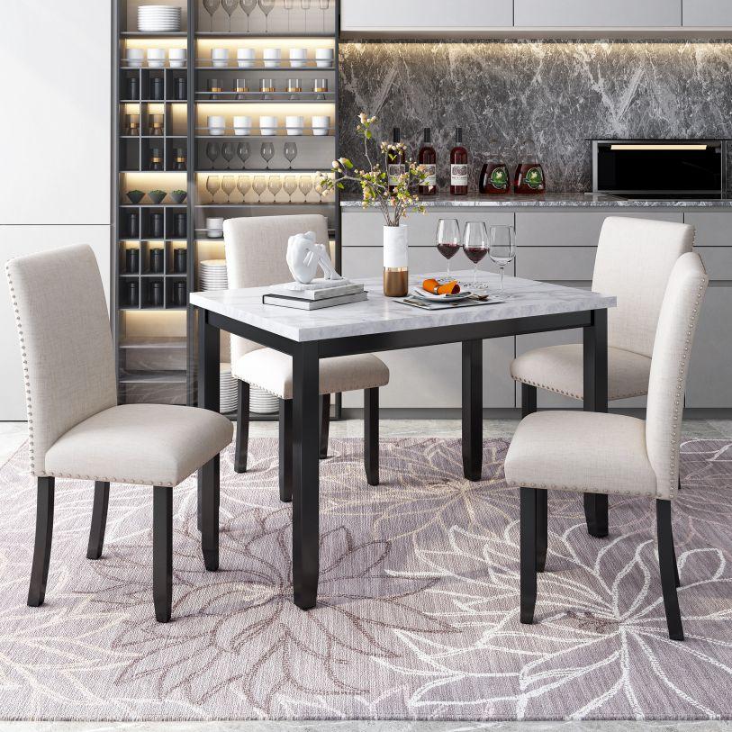 4Pc Faur Dining Chairs, White/Beige+Black