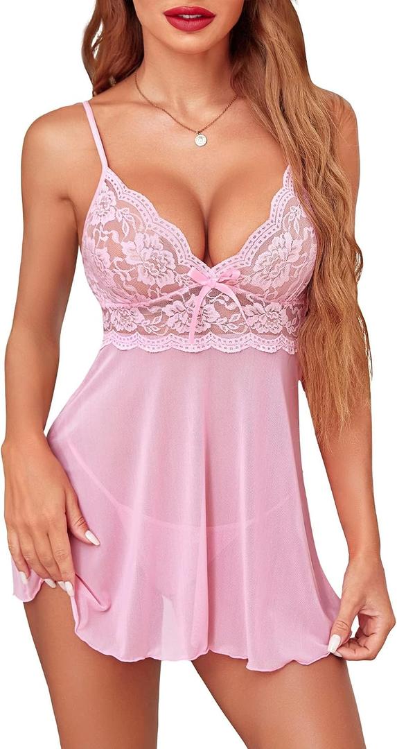 Avidlove Women Lingerie Lace Babydoll Strap Chemise Halter Teddy V Neck Sleepwear (Pink, S)