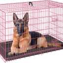 FDW Dog Crate for Large Dogs 48 Inch Folding Metal WirePet Cage Double Door W/Divider Panel Indoor Outdoor Kennel Leak-Proof Plastic Tray,Pink