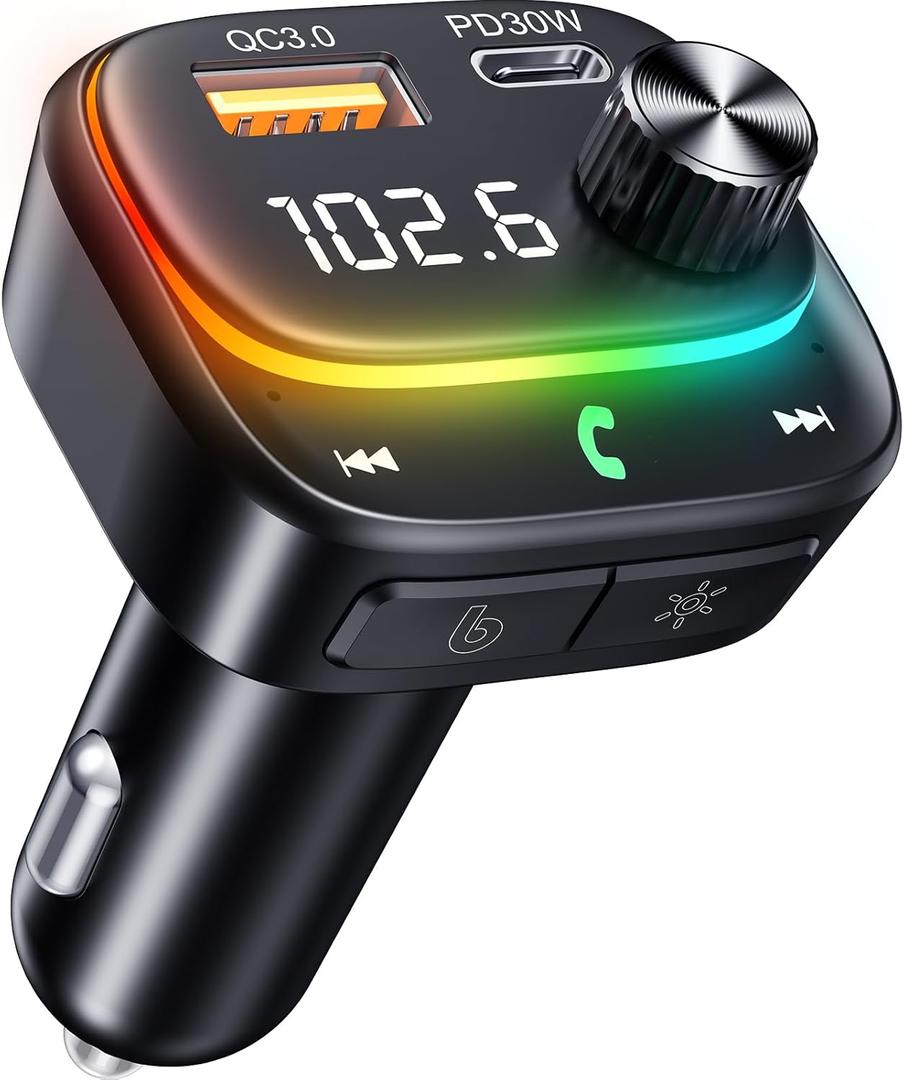New FM Transmitter Bluetooth- 48W PD&QC3.0 Bluetooth Car Adapter with [Stronger Dual Mics & HiFi Deep Bass Sound], RGB Lights for Music Streaming