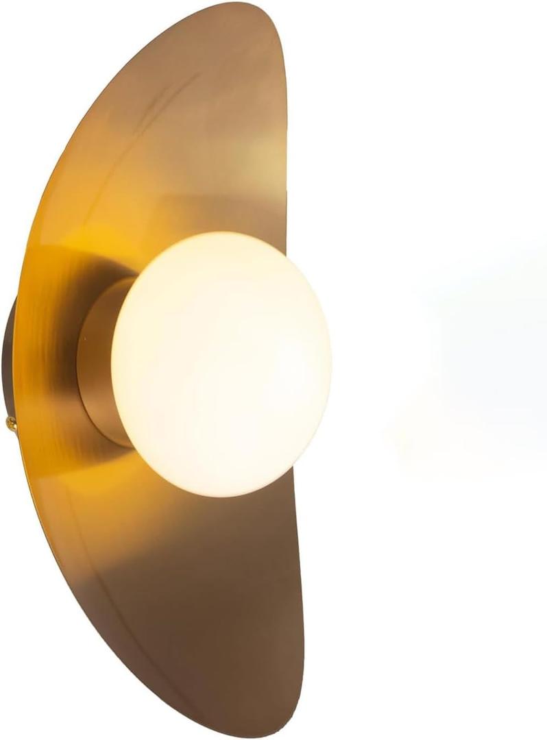 Mid Century Modern Wall Sconce, Glass Wall Light Fixtures Vintage Crescent Shape Gold Brushed Finish LED Wall Mount Light for Living Room, Bedroom, Hallway, 1-Light