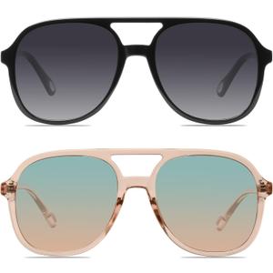 YDAOWKN Retro Square Aviator Sunglasses for Womens Mens Vintage 70s Double Bridge Sun Glasses (Black)