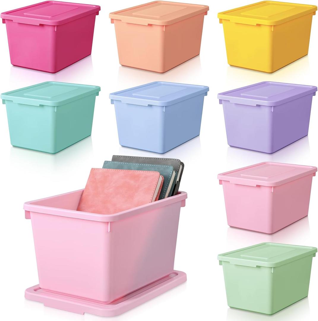 8 Pack Plastic Storage Bins with Snap Tight Lids Small Stackable Storage Boxes 9.8" X7.3" X5.7" Storing Totes for Organizing Craft Office Supplies (Mixed Color)