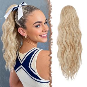FESHFEN Ponytail Extensions - Drawstring Ponytails Hair Extension Long Curly Wavy Hair Piece Synthetic Pony Tail Hairpieces for Women, Honey Blonde Mix Platinum Blonde 18 inch