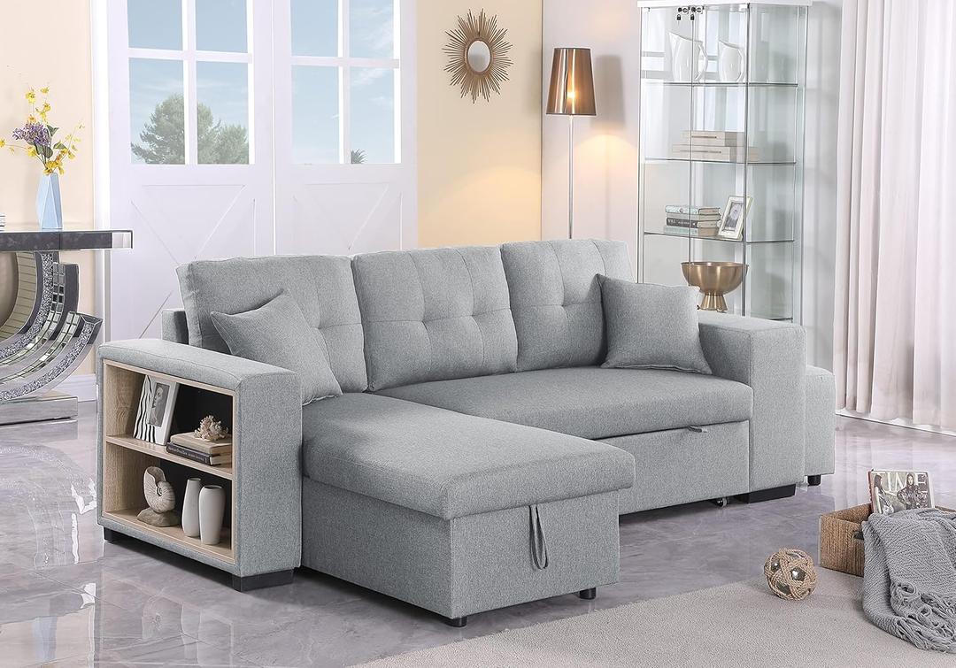 Reversible Sleeper Sectional Sofa with Pull Out Bed and Chaise Lounge , L Shaped Convertible Corner Couch Sofabed with Storage Shelves and 2 Stools , 3 Seater Tufted Cushion Sofacama for Living Room