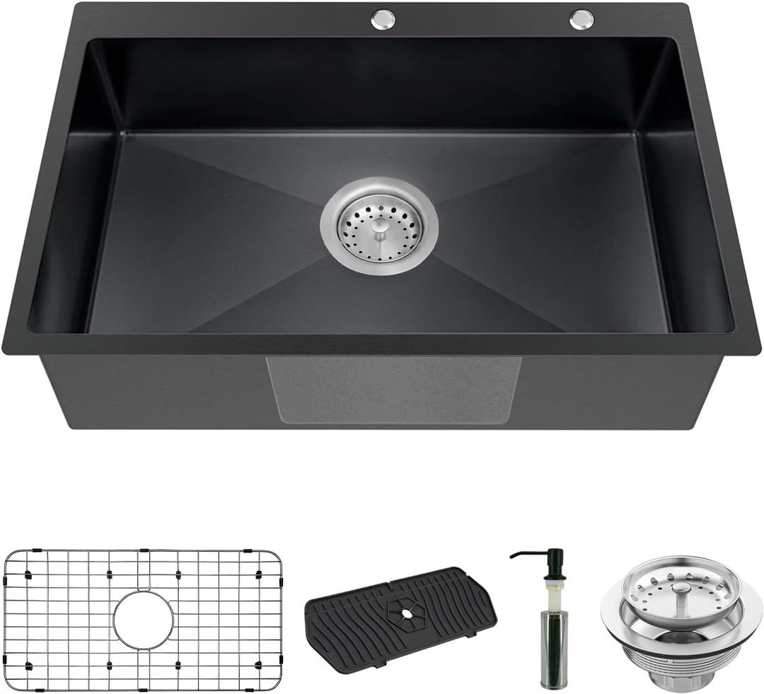 Black Kitchen Sink, Stainless Steel Drop In 33x22x9 Inch Single Bowl Topmount Kitchen Sink Combo-Stainless Grid,Soap Dispenser,Faucet Mat,Drain Strainer Set for Modern Style Kitchen&Bar