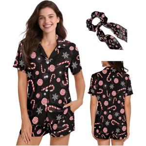 Christmas Pajamas for Women Set of 2 Pieces Button Down Pj Sets S-2XL Sleepwear Loungewear with Scrunchies