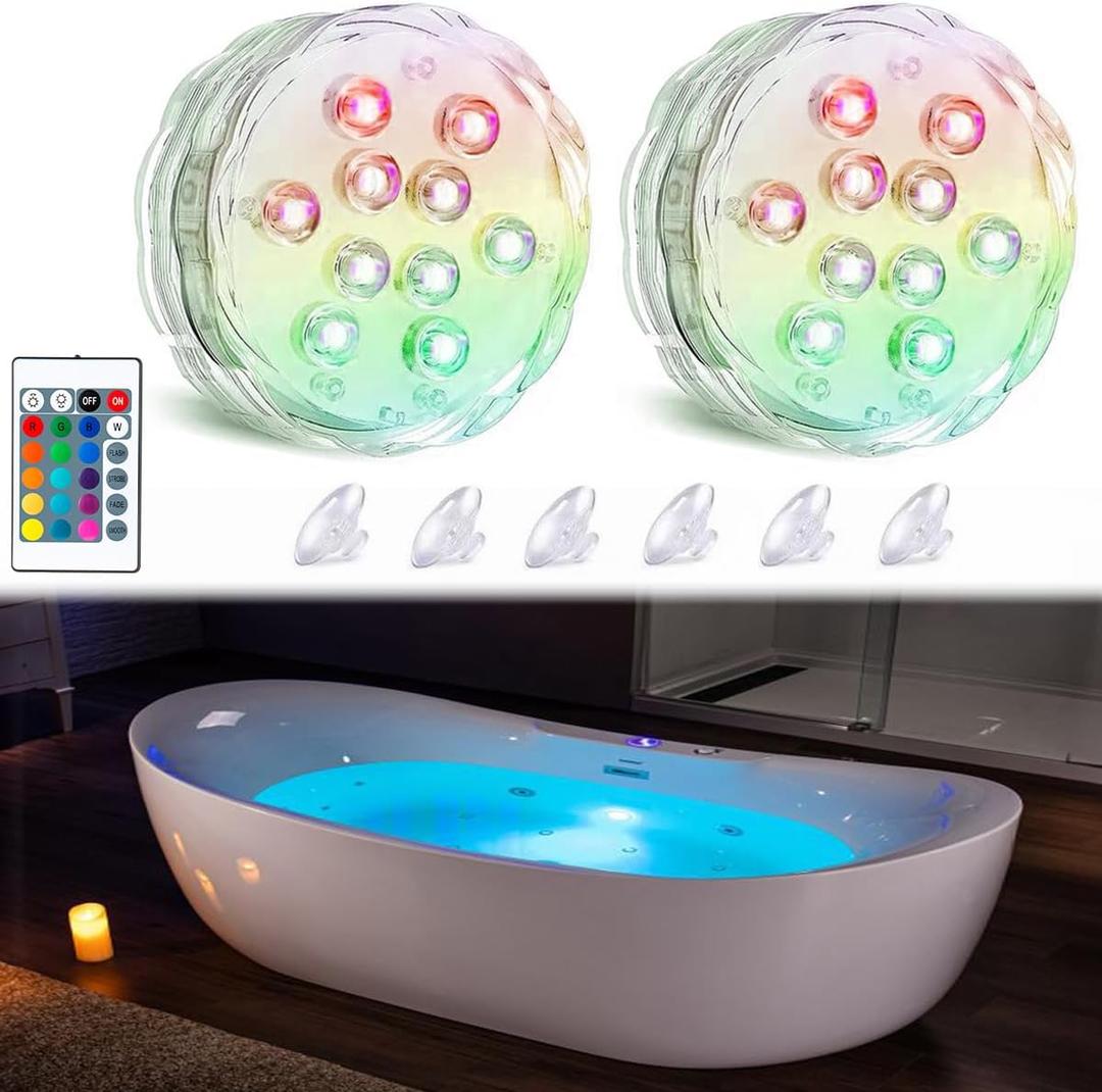 Bath Tub Lights Wireless, Battery Operated Waterproof Glow Light for Bathroom Bathtub Shower Spa Light, Bath Essentials for Women Relaxing, RGB Multi Color Remote Controlled, 2pcs