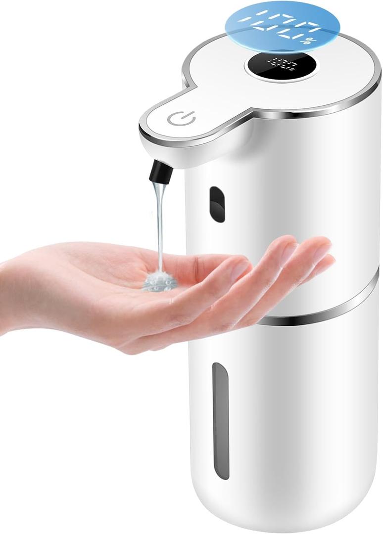 Automatic Liquid Soap Dispenser 12.8oz, Rechargeable & 6 Levels Soap Adjustable with Digital Display, Wall Mount, Waterproof, Touchless Hand/Dish Soap Dispenser for Kitchen, Bathroom, Hotel (White)