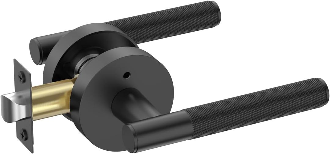 Amerdeco 1 Pack Matte Black Door Handles Interior, Knurled Privacy Door Handles with Lock,Heavy Duty Black Door Lever for Bedroom or Bathroom,Reversible Keyless for Left Right Handed Doors