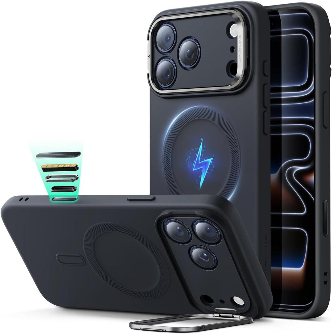 ESR Silicone Case for iPhone 17 Pro Max, Built-in Camera Stash Stand Compatible with MagSafe, Military-Grade Drop Protection Magnetic Phone Case for iPhone 17 Pro Max, Cloud Series, Black