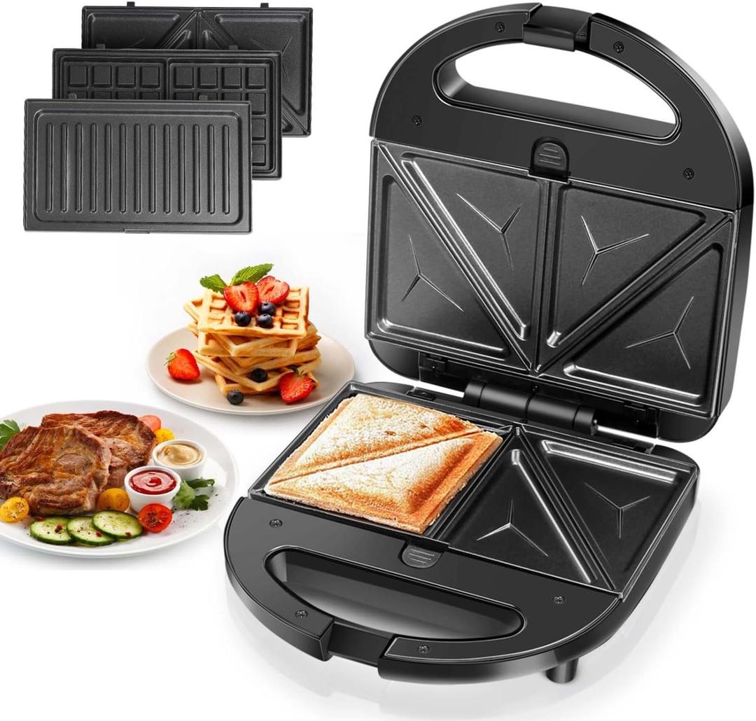 Aigostar Sandwich Maker Panini Press Grill, 3 in 1 Waffle Maker with Removable Non-stick Plates, Electric Grilled Cheese Maker, Portable Cool Touch Handle, Led Indicator Lights & Easy to Clean, 750W (Black)