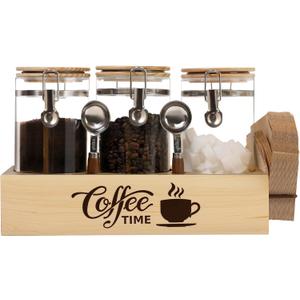 Glass Coffee Canister Set with Shelf & Spoons 3 Piece Coffee Containers for Ground Coffee Coffee Bean Storage Airtight Seal, Coffee Bar Coffee Filter Holder for Kitchen Organization