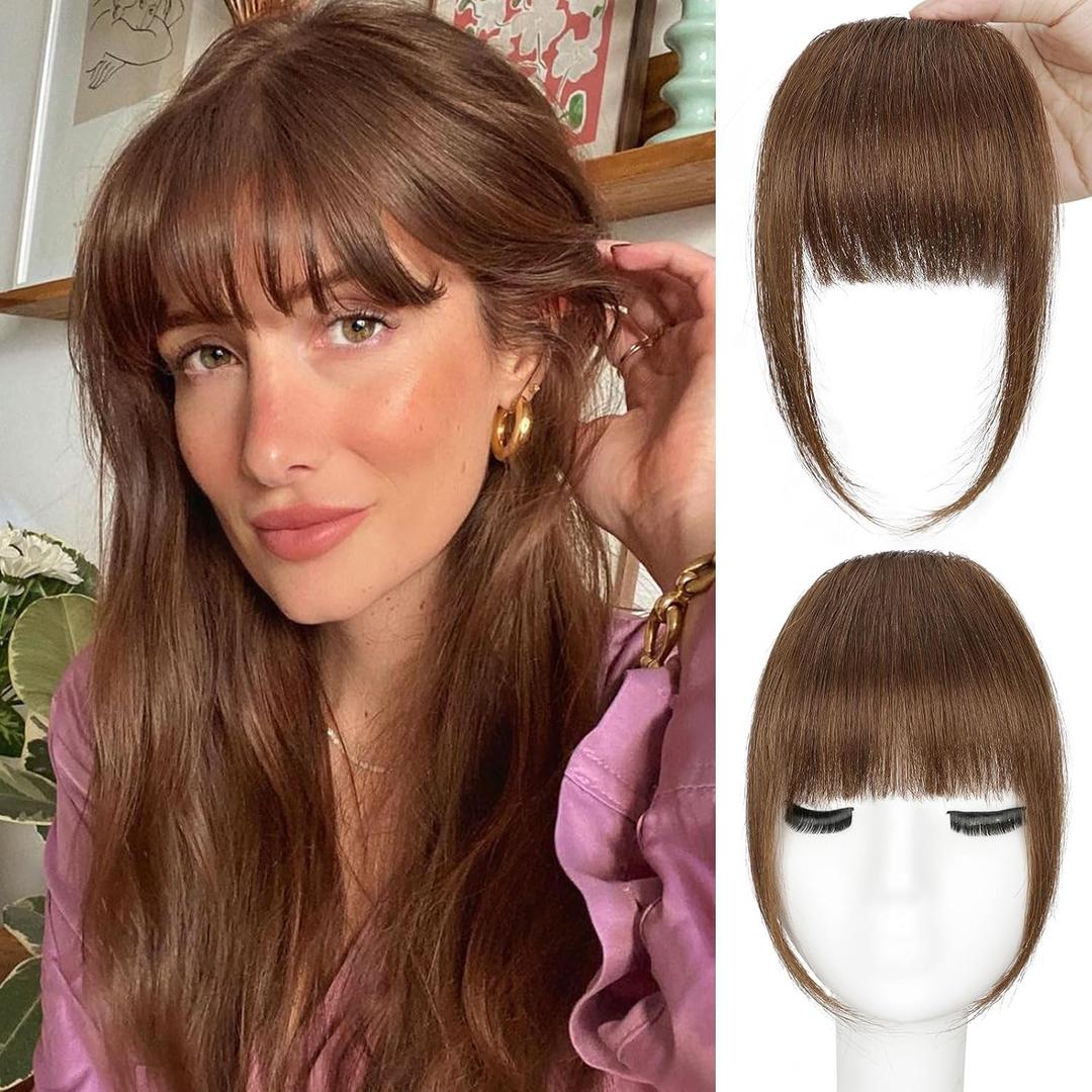BOGSEA Clip in Bangs, 100% Real Human Hair Fake Bangs Clip in Hair Extensions Fringe with Temples Hairpieces for Women Curved Curtain Bangs for Daily Wear (2 Clips,Medium Brown)