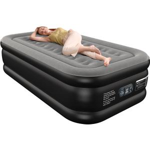 Air Mattress 18", Twin Air Bed with Soft Flocked Top and Portable Carry Bag, Twin Air Mattress with Built in Pump Raised for Guest, Office, Camping (Black)