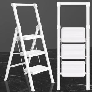 3 Step Ladder with Handle, Foldable Step Stool for Adults - Extra Wide Non-Slip Pedal, Sturdy Reinforced Construction & Rubber Feet, for Home and Kitchen Use, White