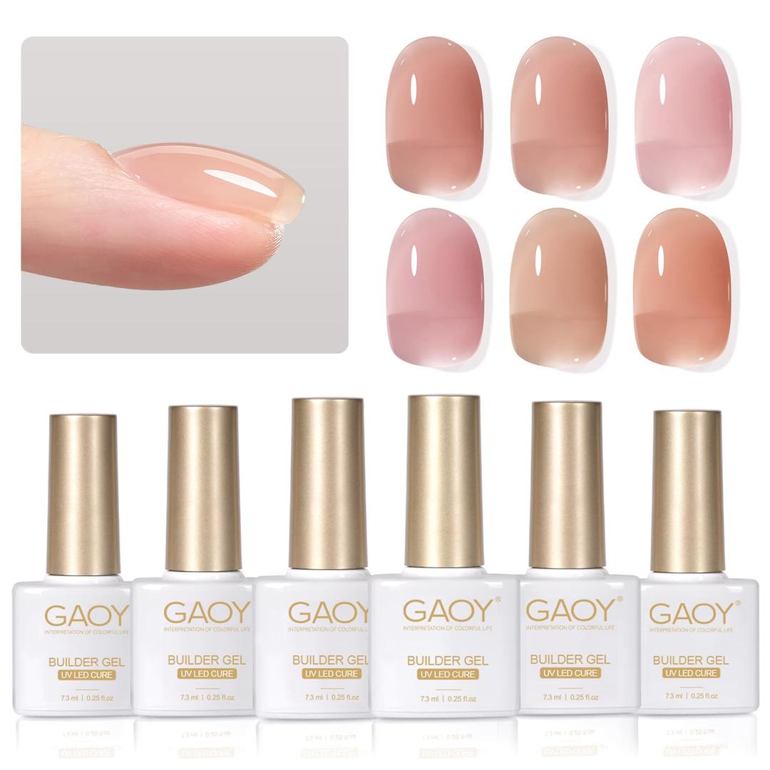 GAOY 6 Colors Builder Gel Set for Nails, Milky White Pink Nude Sheer Jelly Nail Strengthener, Soak Off Nail Extension Hard Gel, Rose Jelly, Base Coat Top Coat Needed (6pcs Rose Jelly)