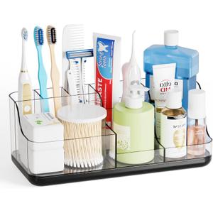 Yieach Mens Bathroom Organizer and Storage,Black Bathroom Sink Caddy Countertop,Large 7 Slot Vanity Bathroom Toiletry Organizers and Toothbrush Holders for Toothpaste,Electric Tooth Brush Organizer