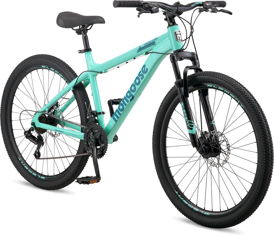 Mongoose Grafton Mountain Bike, 26 Inch Bike for Men and Women, 21 Speed, Aluminum Frame, Knobby Mountain Tires, Suspension Fork, Trigger Shifters, Mechanical Disc Brakes, Adult Bicycle
