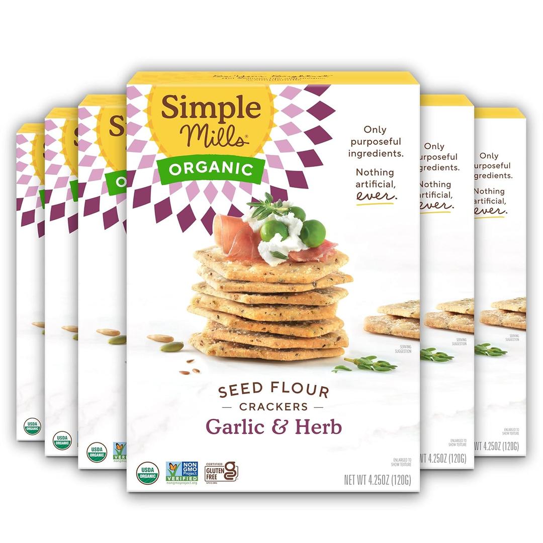 Simple Mills Organic Seed Crackers, Garlic & Herb - Gluten Free, Vegan, Healthy Snacks, Paleo Friendly, 4.25 Ounce (Pack of 6), Best By: NOV 19 2025