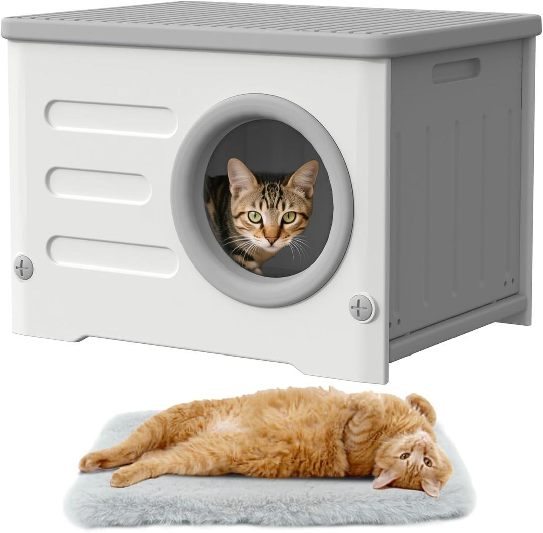 Plastic Cave-Style Cat House for Outdoor Indoor Use, Weatherproof&Insulated Feral Shelter Elevated Stackable Waterproof Cat House with Bed Cushion (Large, Cream and Grey)