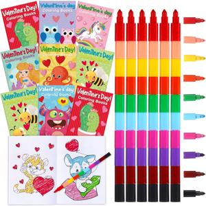 Funrous 28 Pcs Valentine's Day Coloring Books for Kids Bulk with 28 Stacking Crayons Valentines Activity Books with Crayons - Party Favors, Goodie Bag Stuffers & Classroom Exchange Gifts