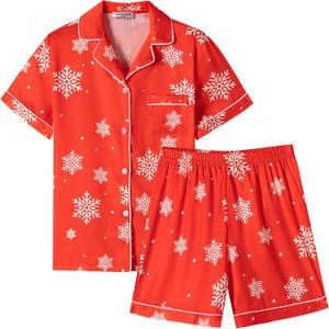 Veseacky Toddler Girls Satin Pajamas Sets Kids Silk Pjs Short Sleeve Button Down Sleepwear Soft Loungewear Set(Snowflake,size 4)