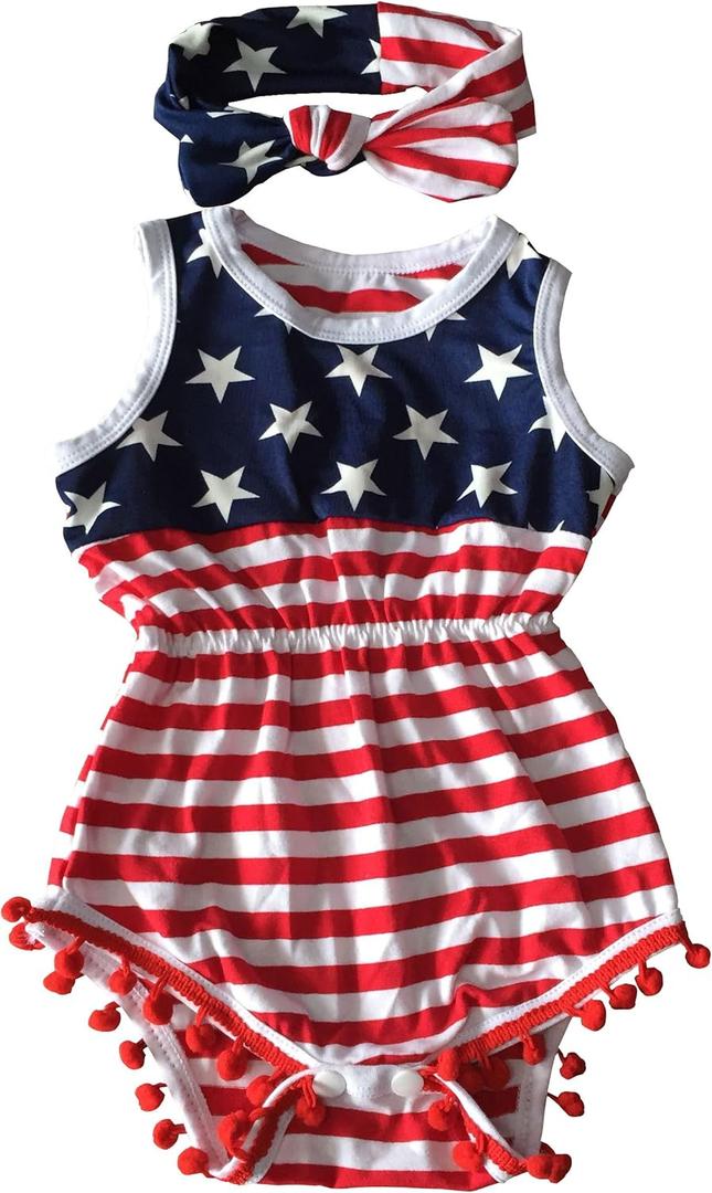 4th of July Toddler Baby Girl American Flag Tassel Romper with Headband (0-6 Months, Red)