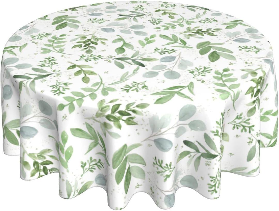 Spring Floral Teal Sage Green Tablecloth Round 60 Inch Watercolor Eucalyptus Leaf Round Table Cloth Wrinkle Resistant Washable Table Cover for Kitchen Dining Room Holiday Party Picnic Patio