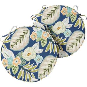 Set of 2 Outdoor 18 inch Round Patio Dining Chair Pads – Comfortable Fiber-Filled Seat Cushions with Ties, Reversible Polyester Fabric, Marlow Blue Floral, 18" x 18" x 2.5"