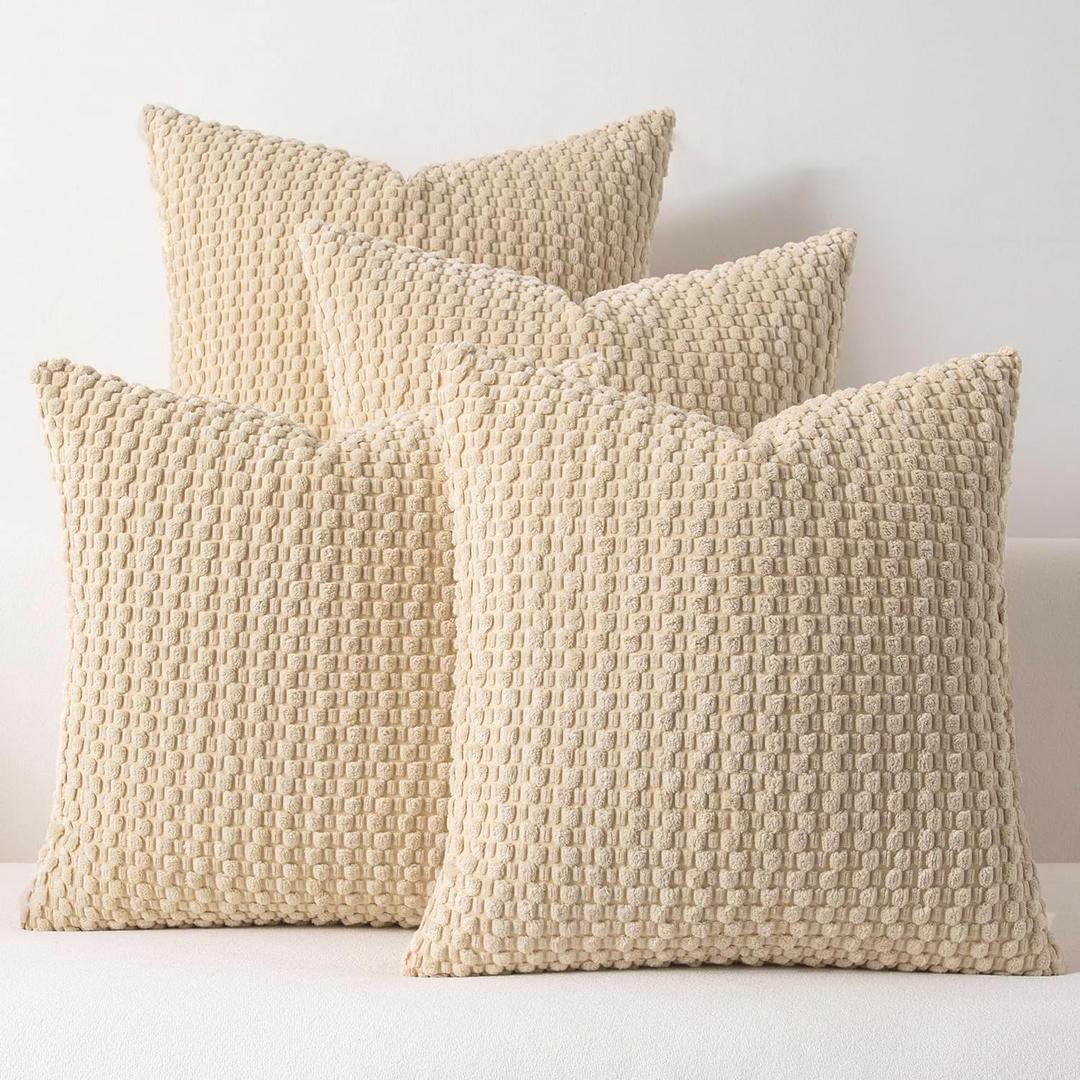 Kevin Textile Throw Pillow Covers Pack of 4 Spring Super Soft Boho Corduroy Decorative Pillow Covers Cases Solid Color Plush Texture Throw Pillows for Sofa Couch Chair 18x18 Inch, Beige