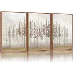 SIGNINART Large Pine Tree Framed Canvas Wall Art Set, Foggy Forest Landscape Wall Decor, Modern Beige Nature Artwork, Misty Forest Wall Painting for Living Room, Bedroom,Office 16 x24 x3