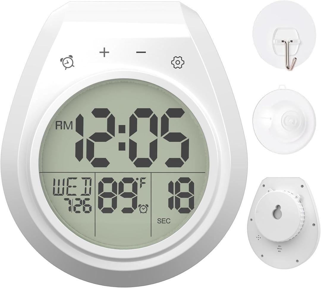 Shower Clock with Timer Waterproof, Digital Bathroom Clock with Countdown, Temperature, Date, Week, Second, Suction Cup, Wall Hanging, for Mirror, Pool, Bath, Kitchen, Battery Operated, White